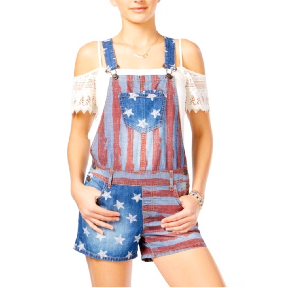 American Rag Red and Blue Star-Striped Denim Short Overalls
